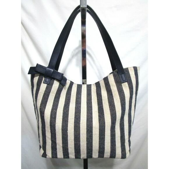 EUC! The Limited Large Navy & Ivory Striped Canvas Bow Shoulder Tote Handbag - Picture 1 of 11
